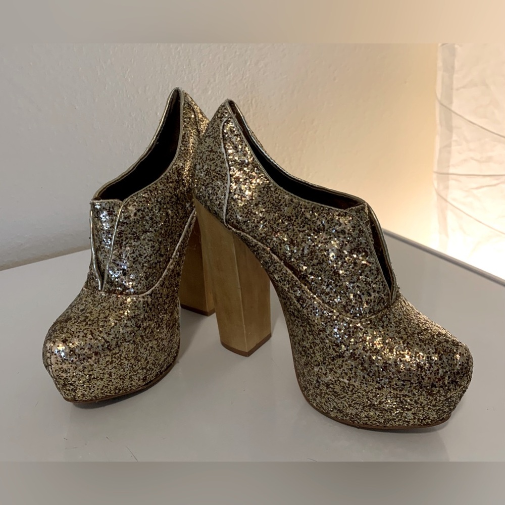 Gold/Copper Glitter Platform Chunky Wood Heel - Steve Madden